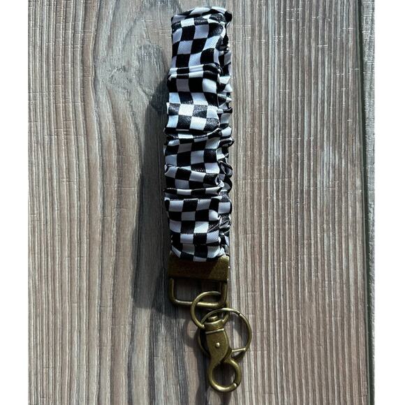 Silky Scrunchie Wristlet Keychain Bag Purse Charm Black White Check Checkered - Picture 1 of 3